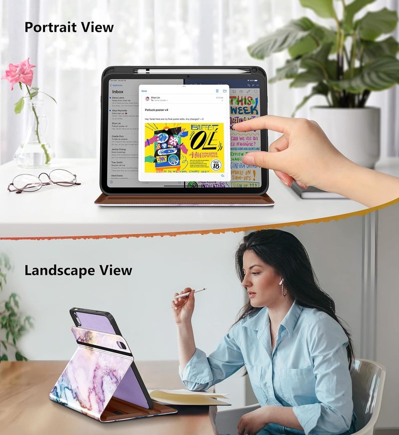 DTTO for iPad A16 Case, iPad 11th / 10th Generation Case (2025/2022), 360 Degree Rotating Premium Leather Folio Stand Cover with Pencil Holder, Marble Pink - Image 3